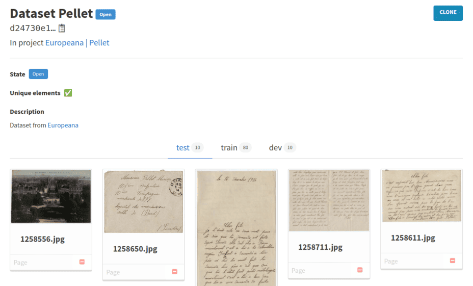 Arkindex dataset details page showing its elements