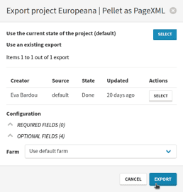 PAGE XML export modal
