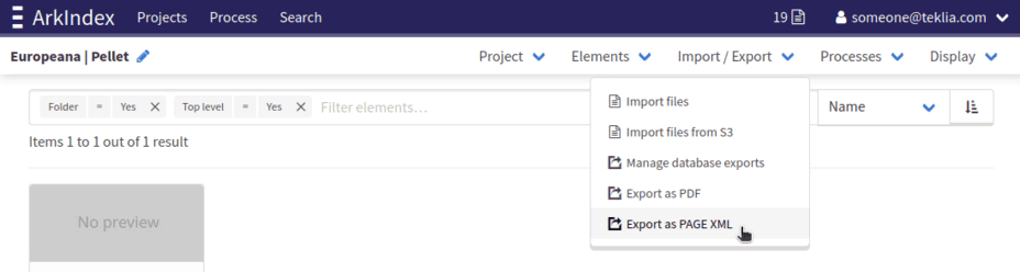PAGE XML export in the import / export menu