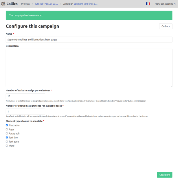Callico’s pre-filled campaign configuration form
