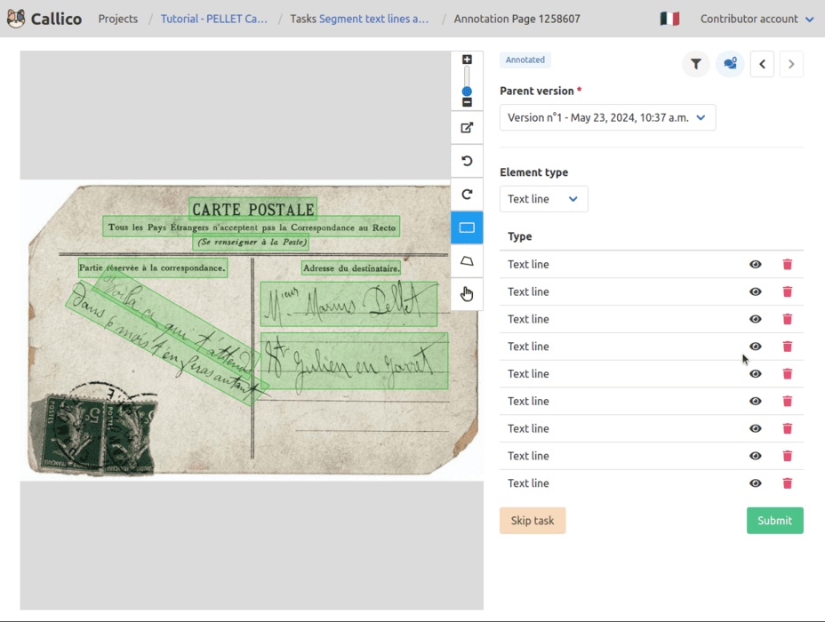Annotation page pre-filled with a previous version