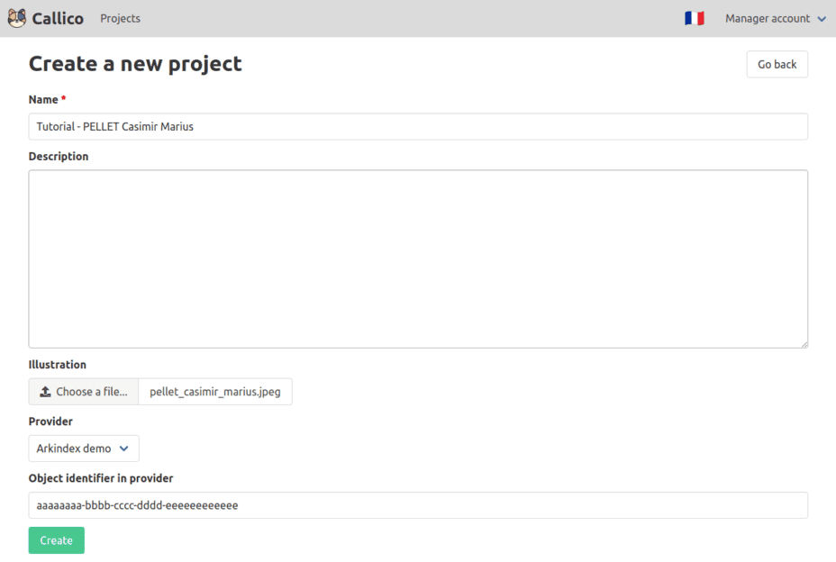 Callico’s pre-filled project creation form