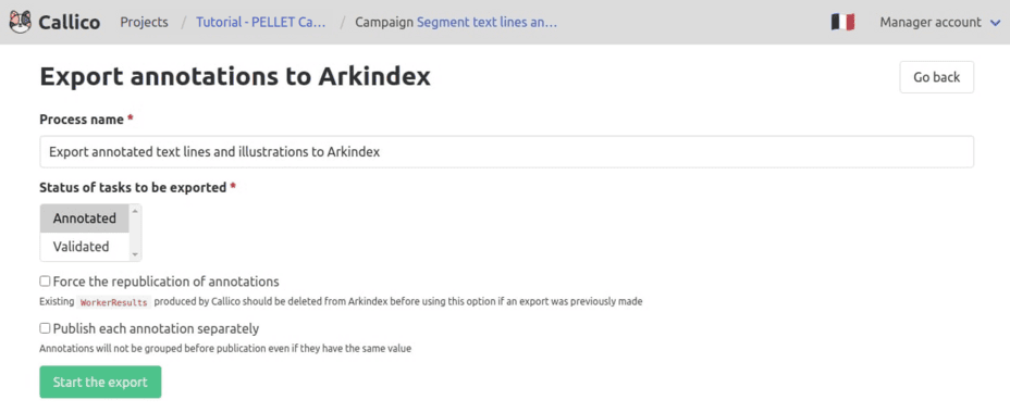 Callico’s pre-filled Arkindex export form