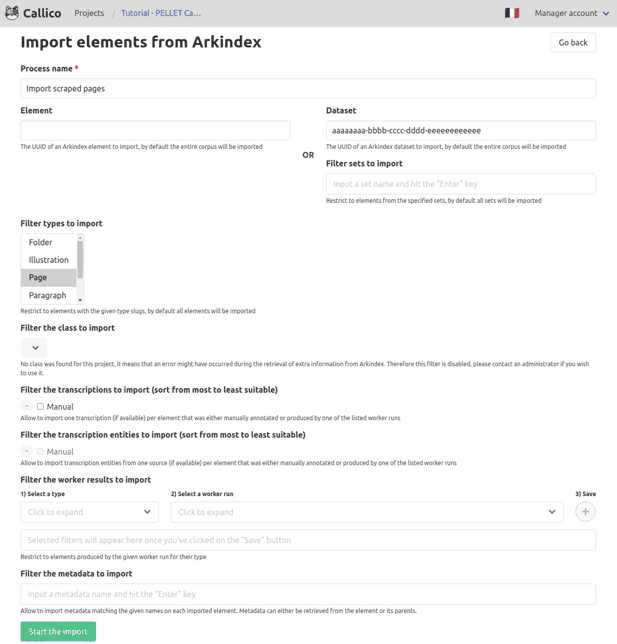 Callico’s pre-filled Arkindex import form