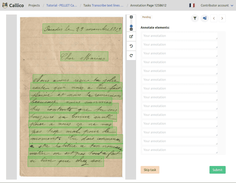 Callico’s annotation page for a transcription campaign