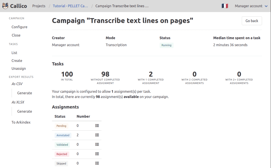Callico’s campaign details page showing the ongoing progress