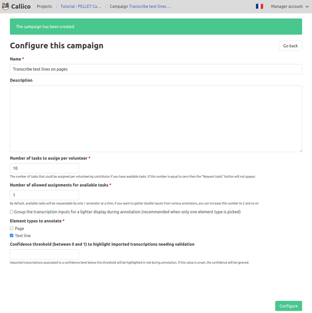Callico’s pre-filled campaign configuration form