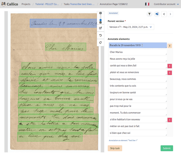 Annotation page pre-filled with a previous version