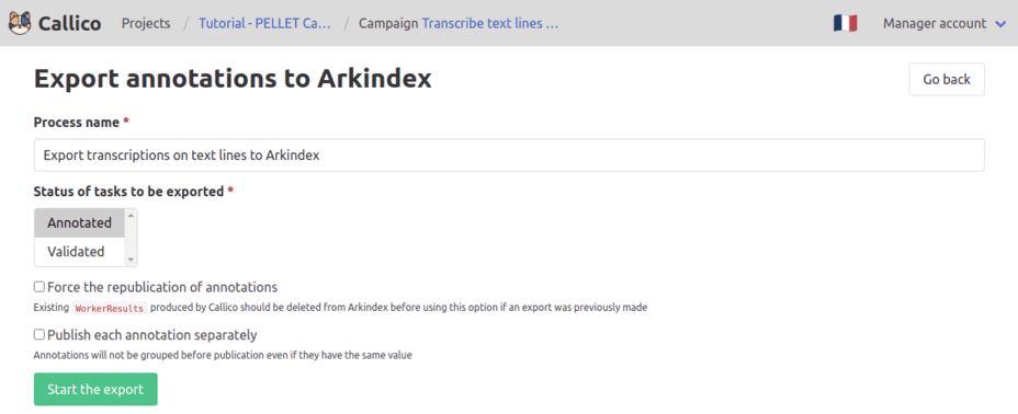 Callico’s pre-filled Arkindex export form