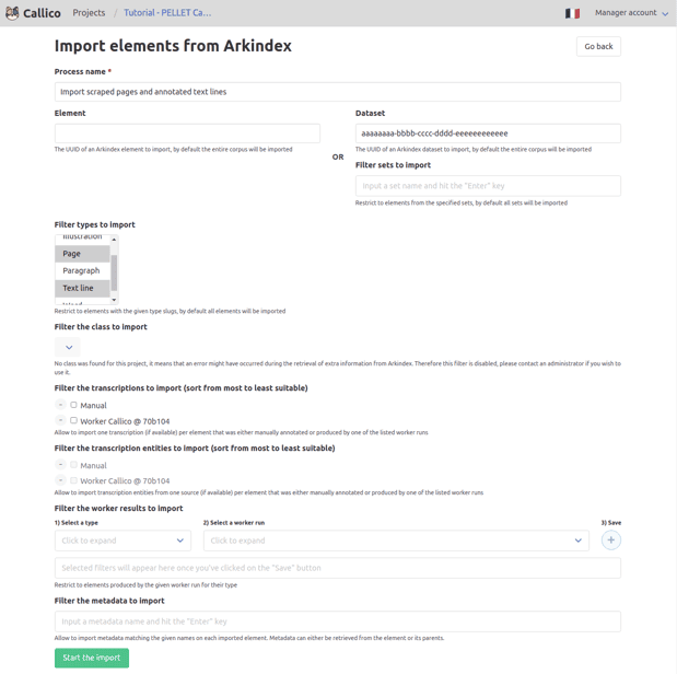 Callico’s pre-filled Arkindex import form