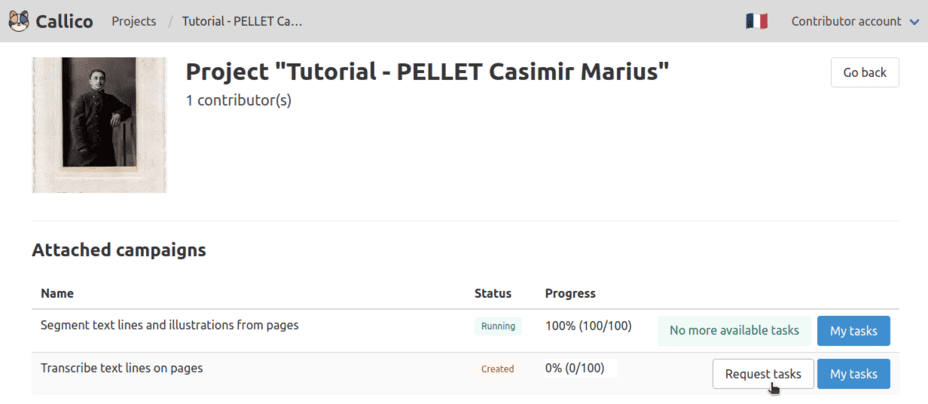 Callico’s project details page for contributors