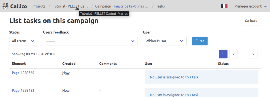 Navigate back to your project from the task list