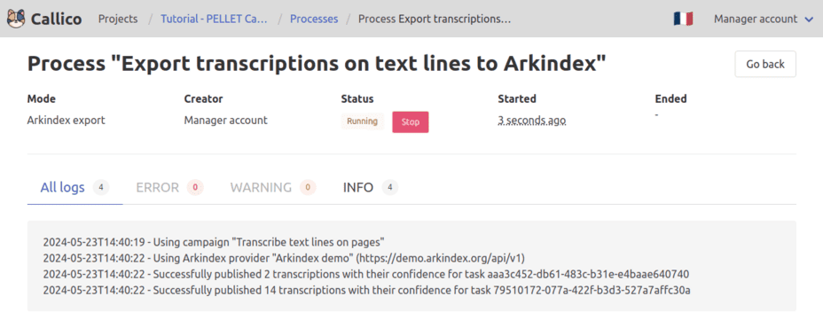 Track the progress of the export to Arkindex in Callico