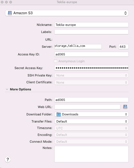 Cyberduck settings for storage.teklia.com