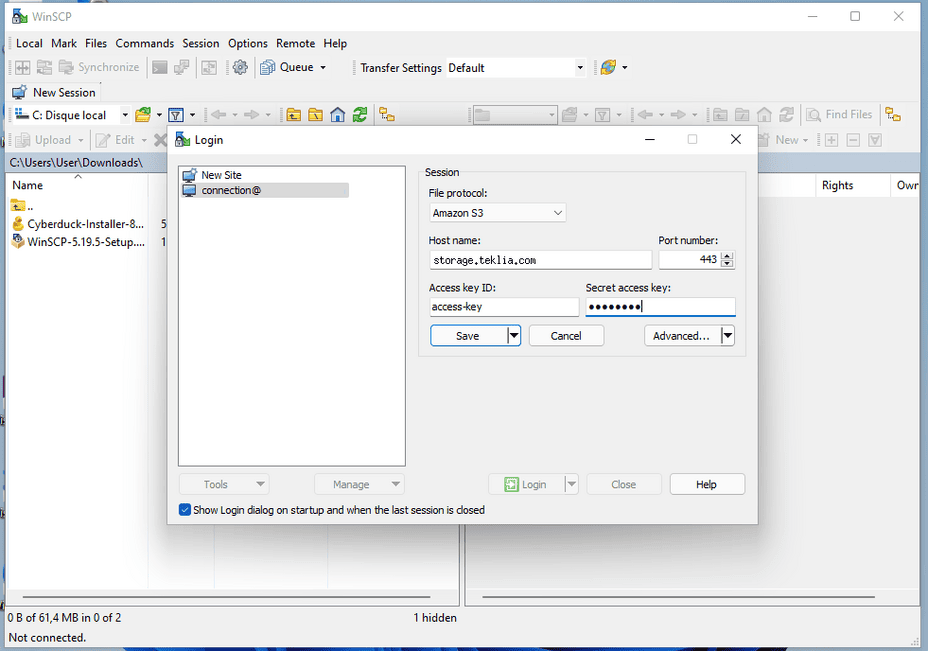 WinSCP settings for storage.teklia.com