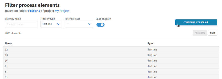 Process elements filtering page