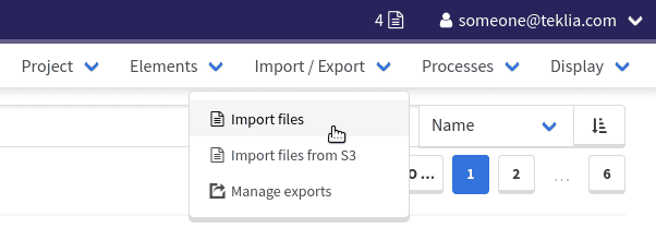 Import file menu from the navigation