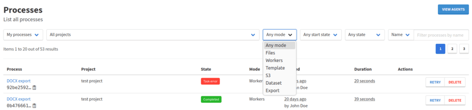 The process mode filter in the process list