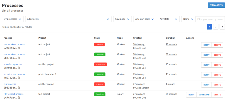 The process list view on Arkindex