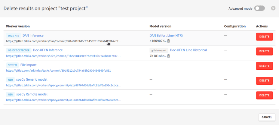 The worker results deletion modal