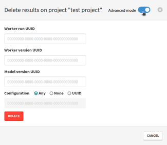 The worker results deletion modal in advanced mode
