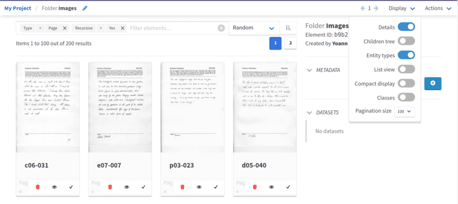 Display 100 elements per page and order at random