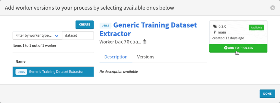 Add the Generic Training Dataset Extractor worker to the process