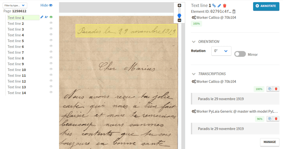 A text line transcribed by a human that also has a predicted transcription
