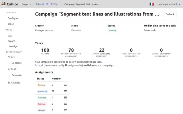 Callico's campaign details page showing the ongoing progress