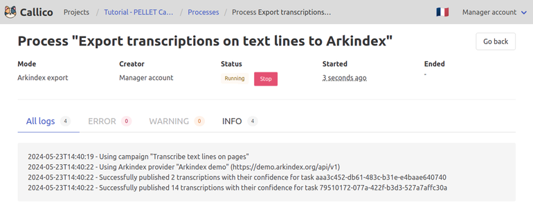 Track the progress of the export to Arkindex in Callico