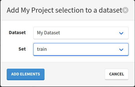 Add selected elements to the 'train' set of the 'My Dataset' dataset