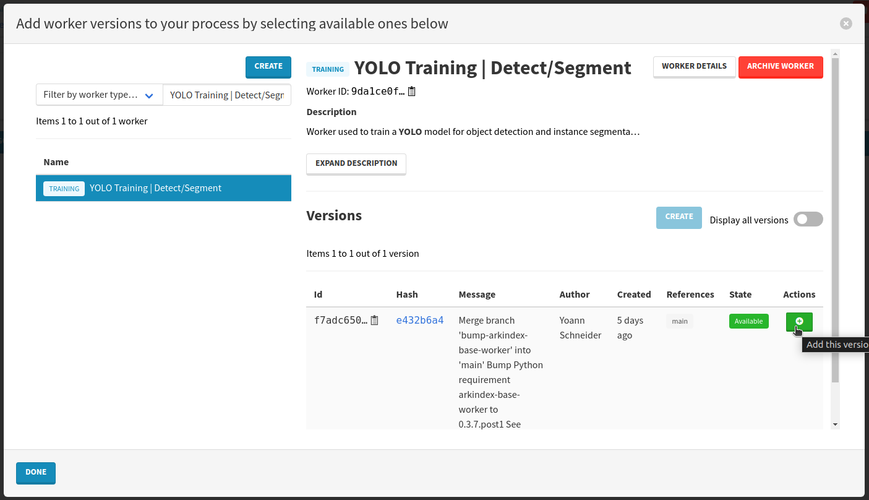 Add the YOLO Training | Detect/Segment worker to the process