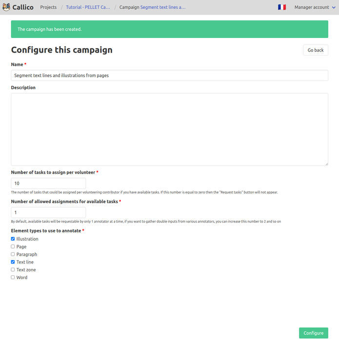 Callico's pre-filled campaign configuration form