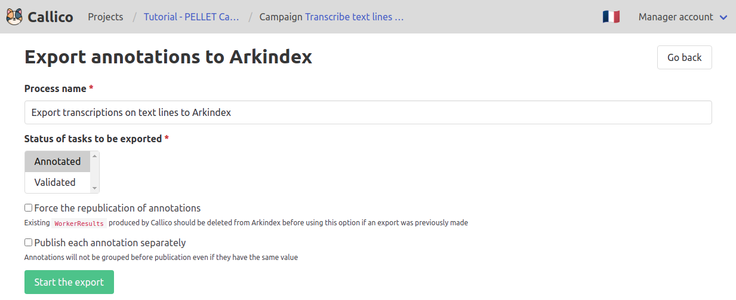 Callico's pre-filled Arkindex export form