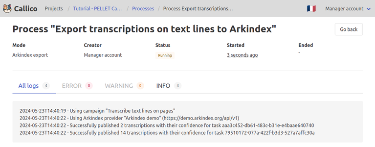 Track the progress of the export to Arkindex in Callico