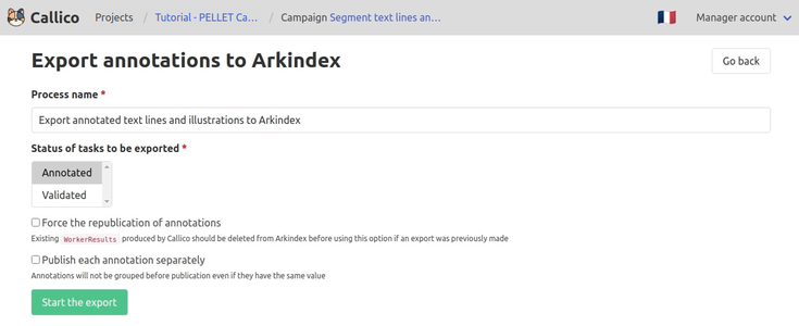 Callico's pre-filled Arkindex export form