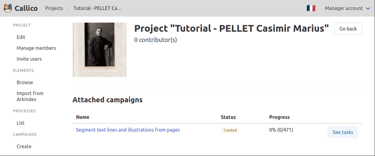 Callico's project details page