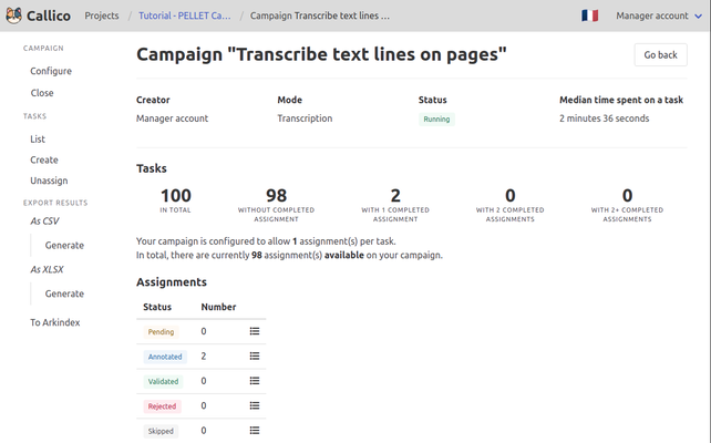 Callico's campaign details page showing the ongoing progress